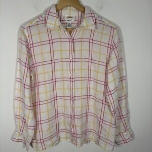 Talbots Pure Irish Linen Shirt 10 White Pink Yellow Plaid Button Up Top Spring‎
